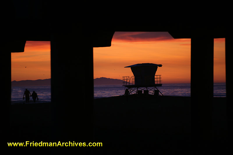 sunset,booth,dusk,lifeguard,beach,sky,orange,blue,california,